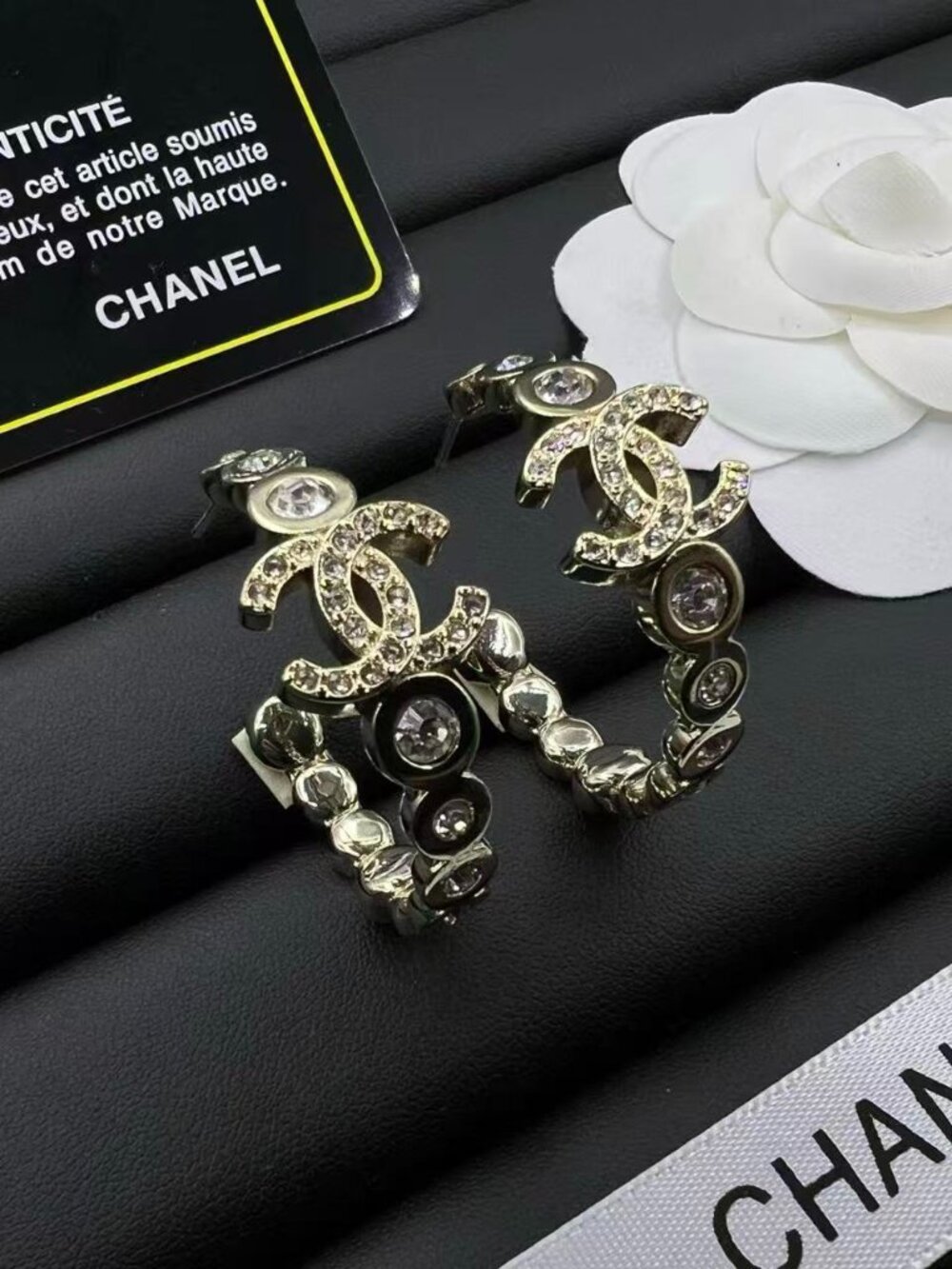 Like-New Chanel Crystal & Enamel CC Logo Hoop Earrings